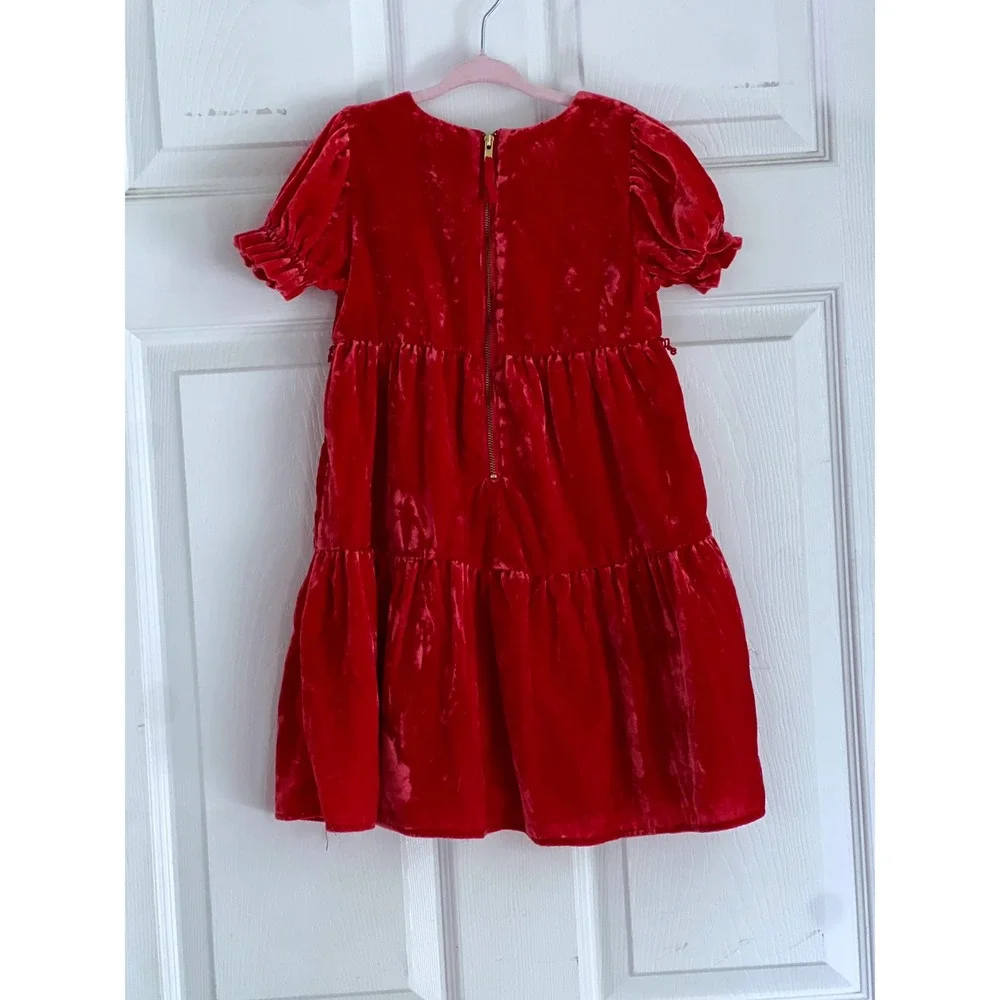 Crewcuts Velvet Dress 5 Girls Tiered Puff Sleeve Red Holiday Party dark Cool Red